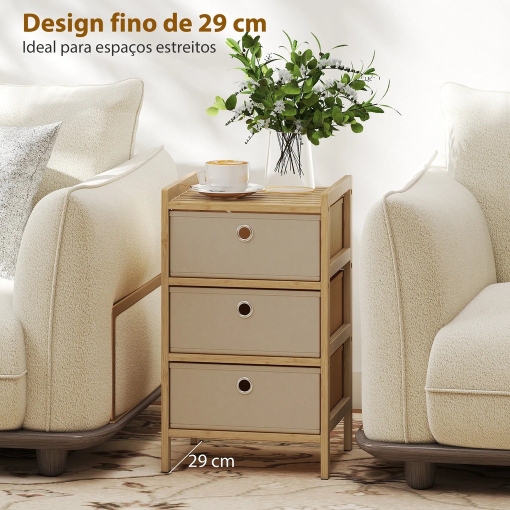 Cómoda de Bambu com 3 Gavetas de Tecido, Compacta para Espaços Pequenos, Creme e Madeira