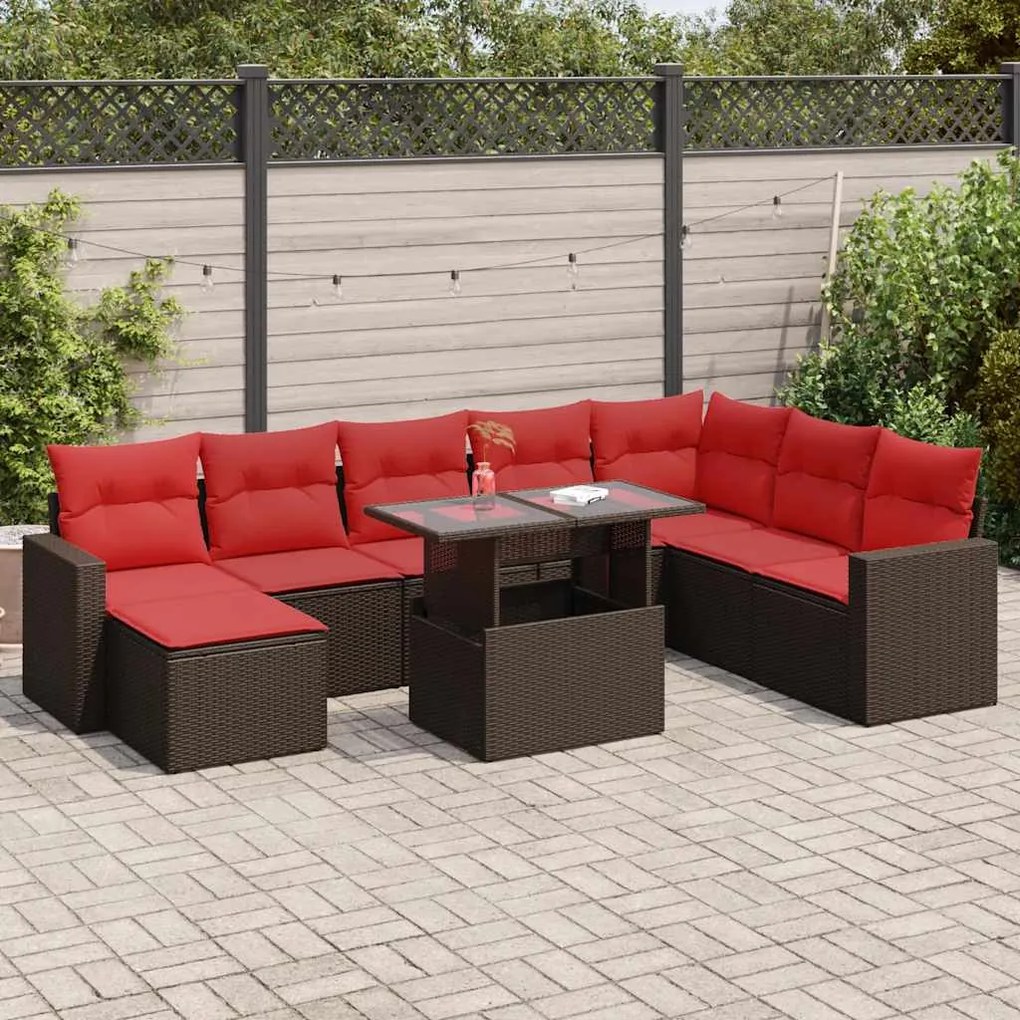 9 pcs conj. sofás jardim c/ almofadões vime PE/acácia castanho