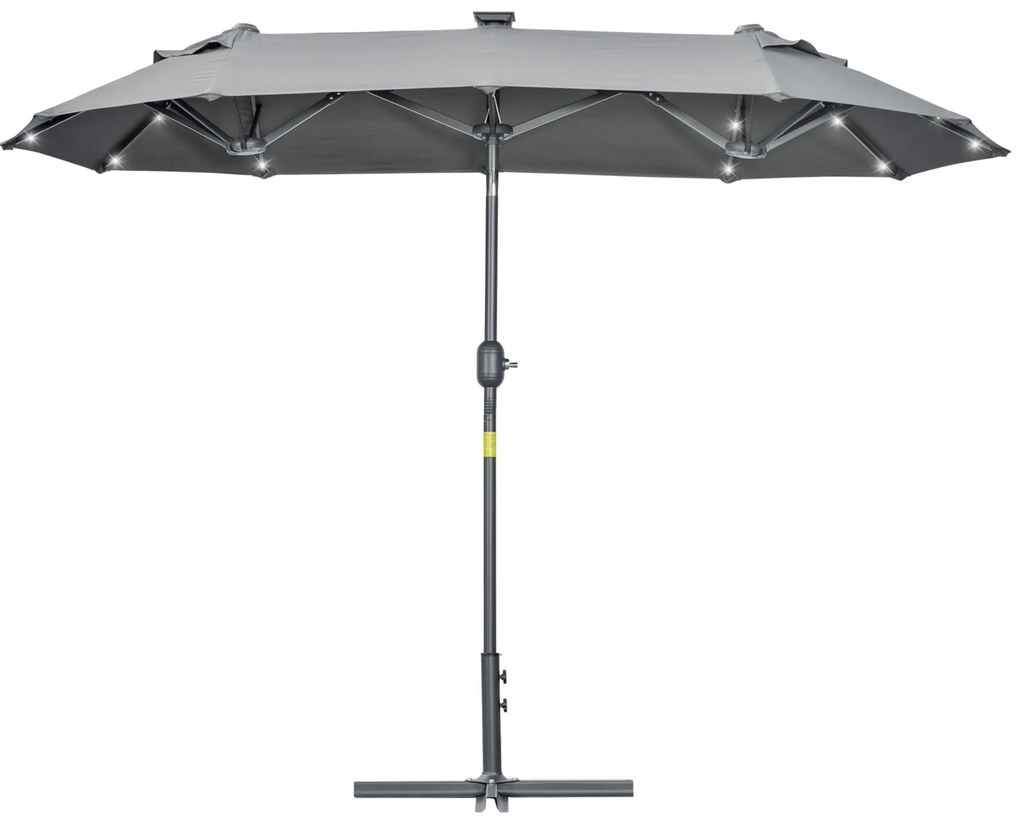 Outsunny Chapéu de Sol Duplo 295x150x219 cm com Luzes LED Solares Teto com Inclinação Ajustável e Manivela Manual para Jardim Cinza