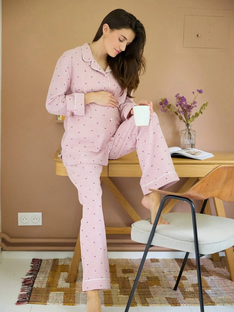 Agora -15%: Pijama às riscas com corações, em flanela, para grávida rosa-nude