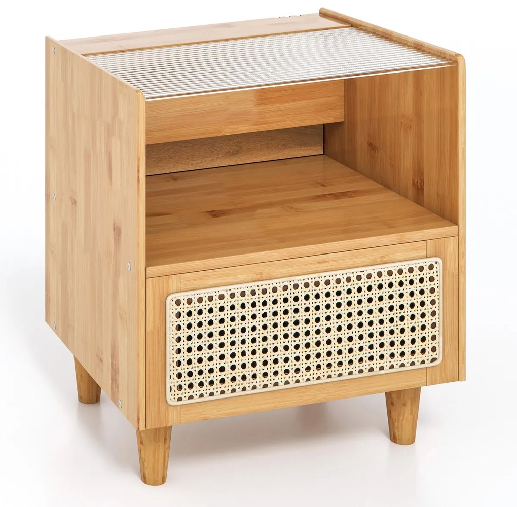 Mesa de cabeceira, Mesa de apoio de bambu e rattan com gaveta e pernas de madeira maciça 43 x 35 x 50 cm Natural