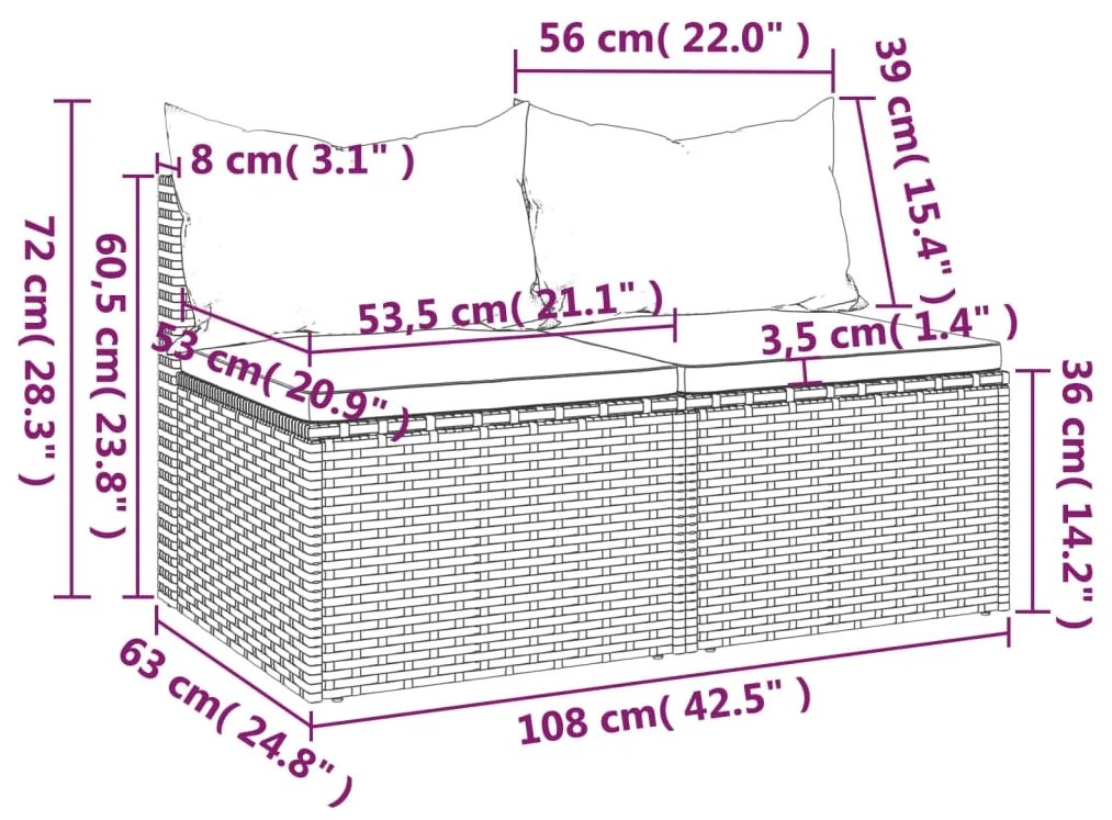 Sofás de centro p/ jardim c/ almofadões 2 pcs vime PE cinzento