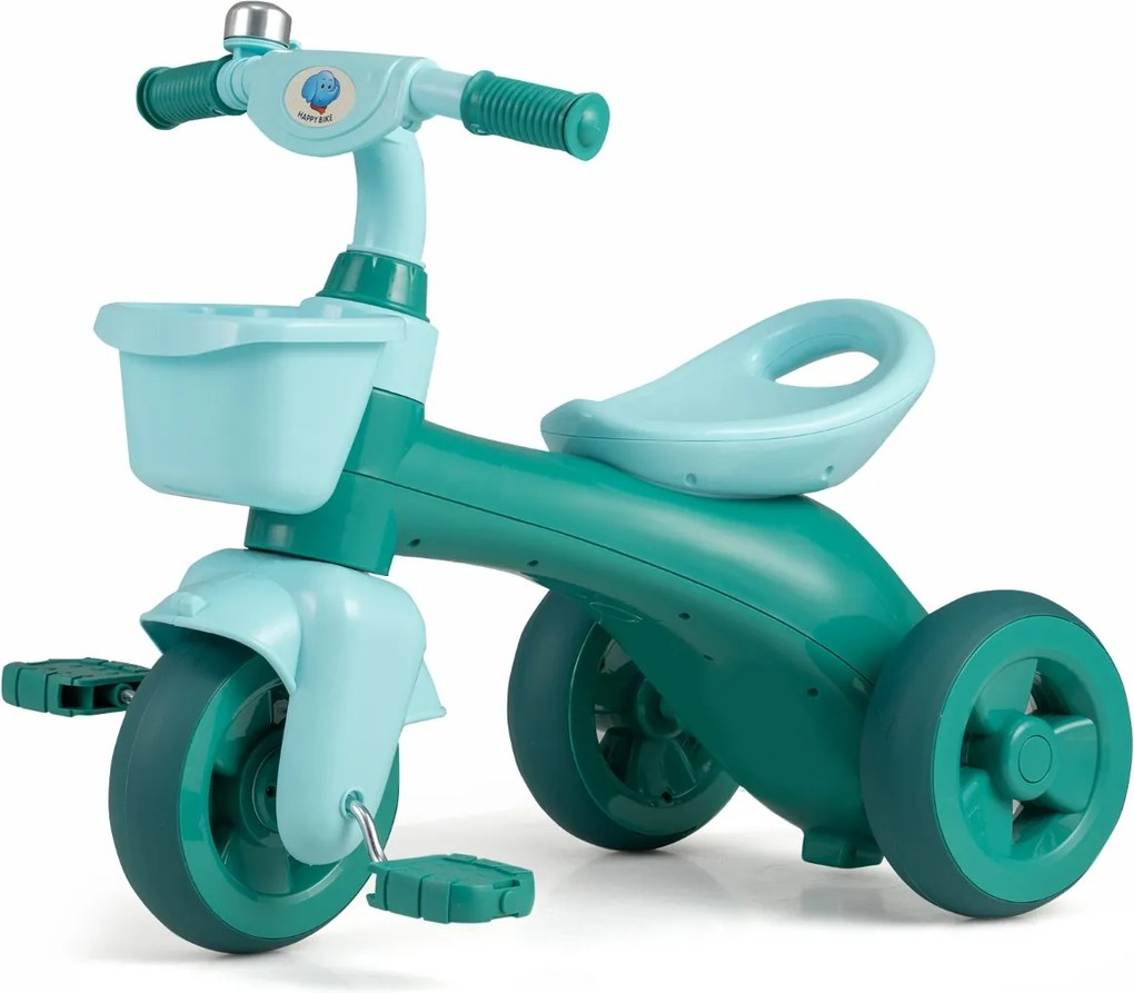 Triciclo para crianças com direção limitada, assento ergonómico, cestos dianteiro e traseiro e campainha para 3-5 anos, verde