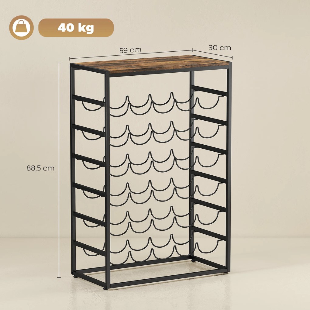 Garrafeira para 30 Garrafas de 6 Níveis com Superfície de Madeira Estilo Industrial 59x30x88,5 cm Castanho Rústico