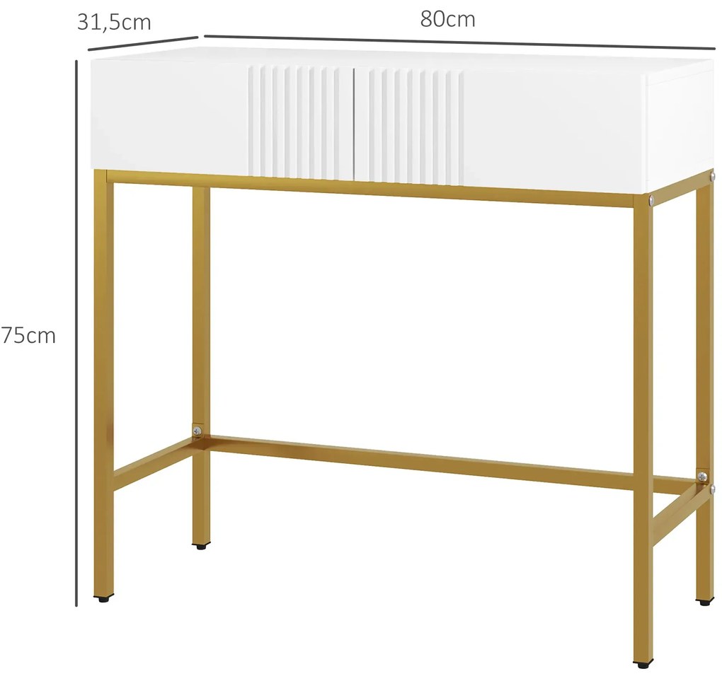 Mesa Consola Moderna Mesa de Entrada com 2 Gavetas e Pés de Aço Anti-tombo para Entrada Sala Corredor 80x31,5x75 cm Branco