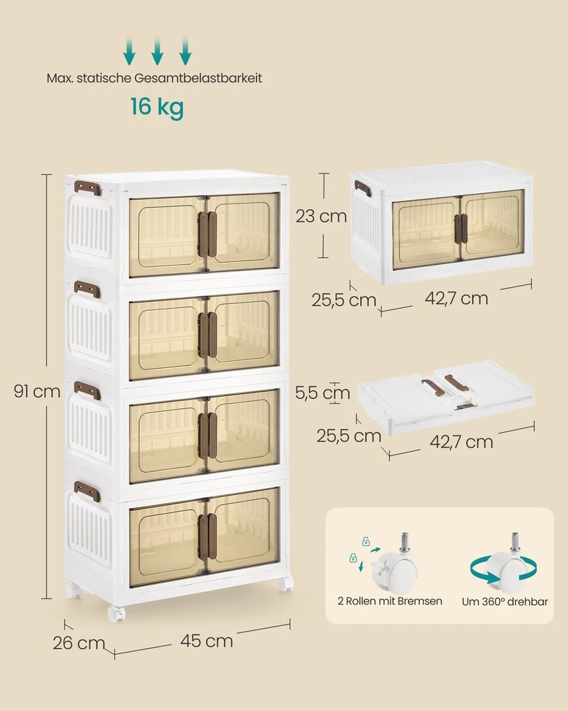 Caixas de armazenamento em Plástico 26 x 45 x 91 cm empilháveis com rodas e tampa Branco-Castanho transparente