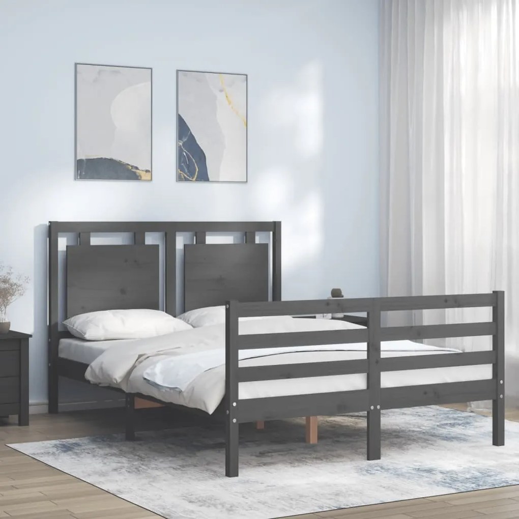 Estrutura de cama de casal c/ cabeceira madeira maciça cinzento