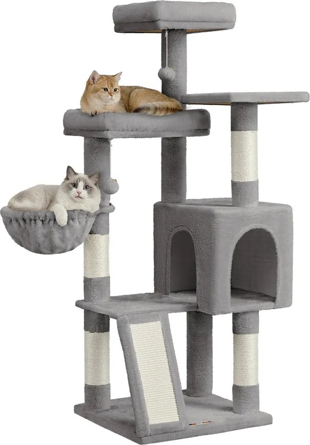 Arranhador para gatos 48 x 48 x 136 cm e com 3 plataformas, cinzento claro