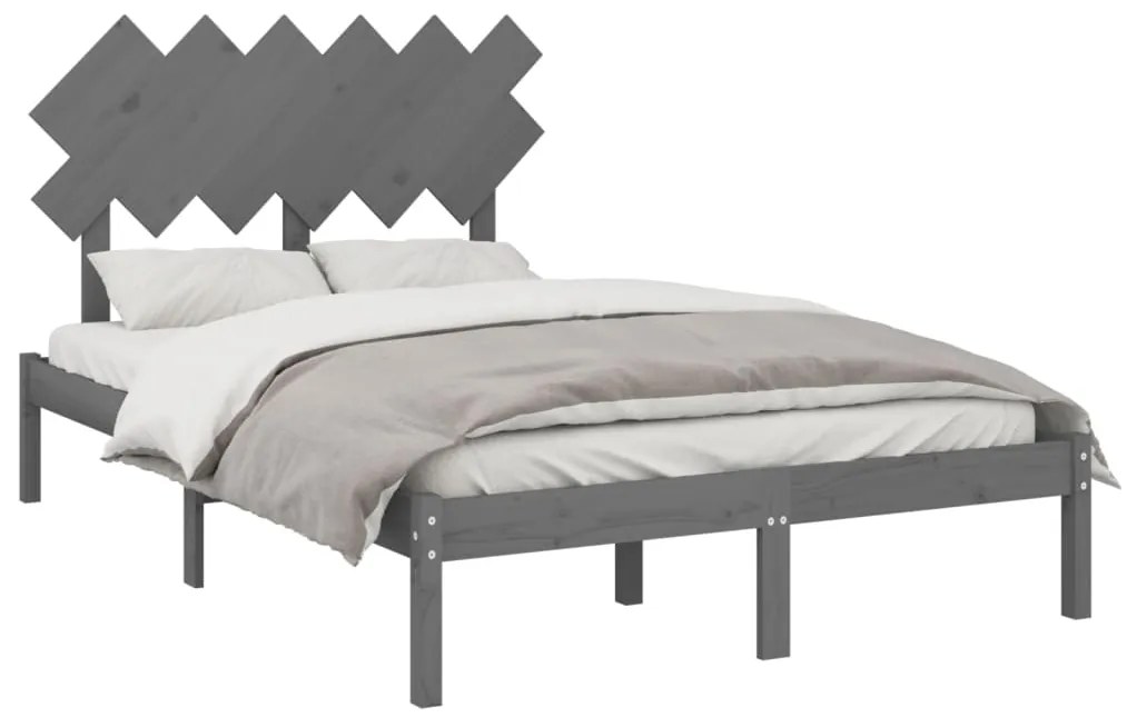 Estrutura de cama casal 135x190 cm madeira maciça cinzento