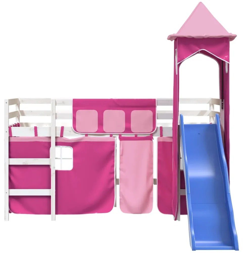 Cama alta para criança com torre 90x200 cm pinho maciço rosa
