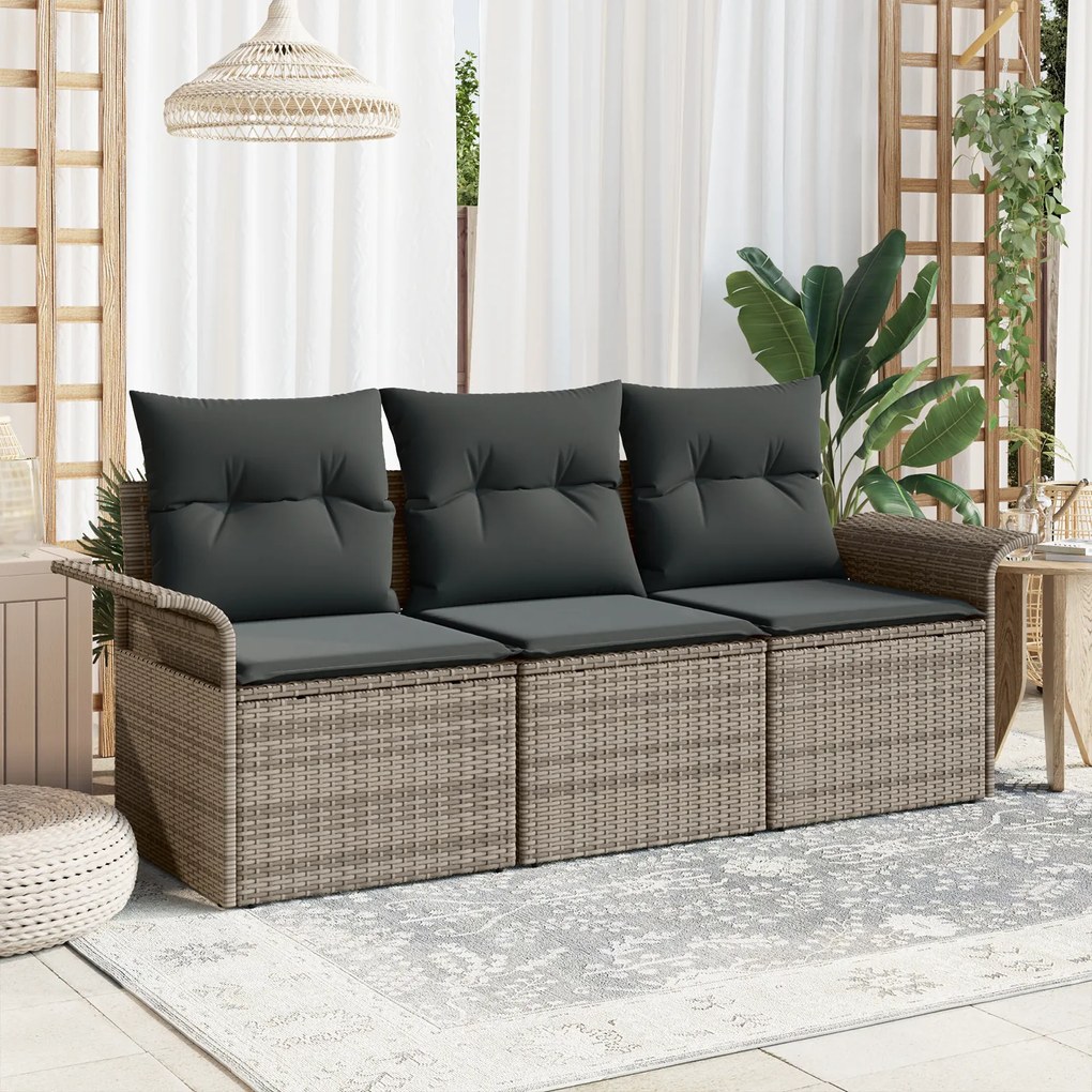 Conjunto de Sofá de Jardim de 3 Peças com Almofadas Cinza Rattan Polim