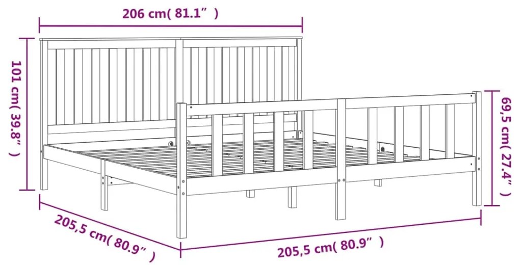 Estrutura de cama com cabeceira 200x200 cm pinho maciço preto