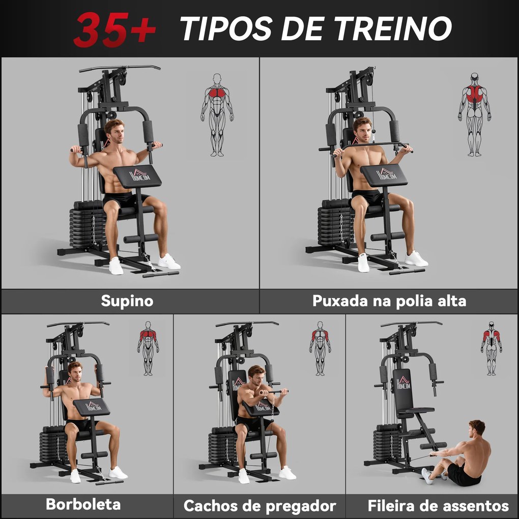 Máquina de Musculação com Pesos Ajustáveis de 45 kg, Press de Peito e Pernas, Polia 135x103x210 cm, Preto