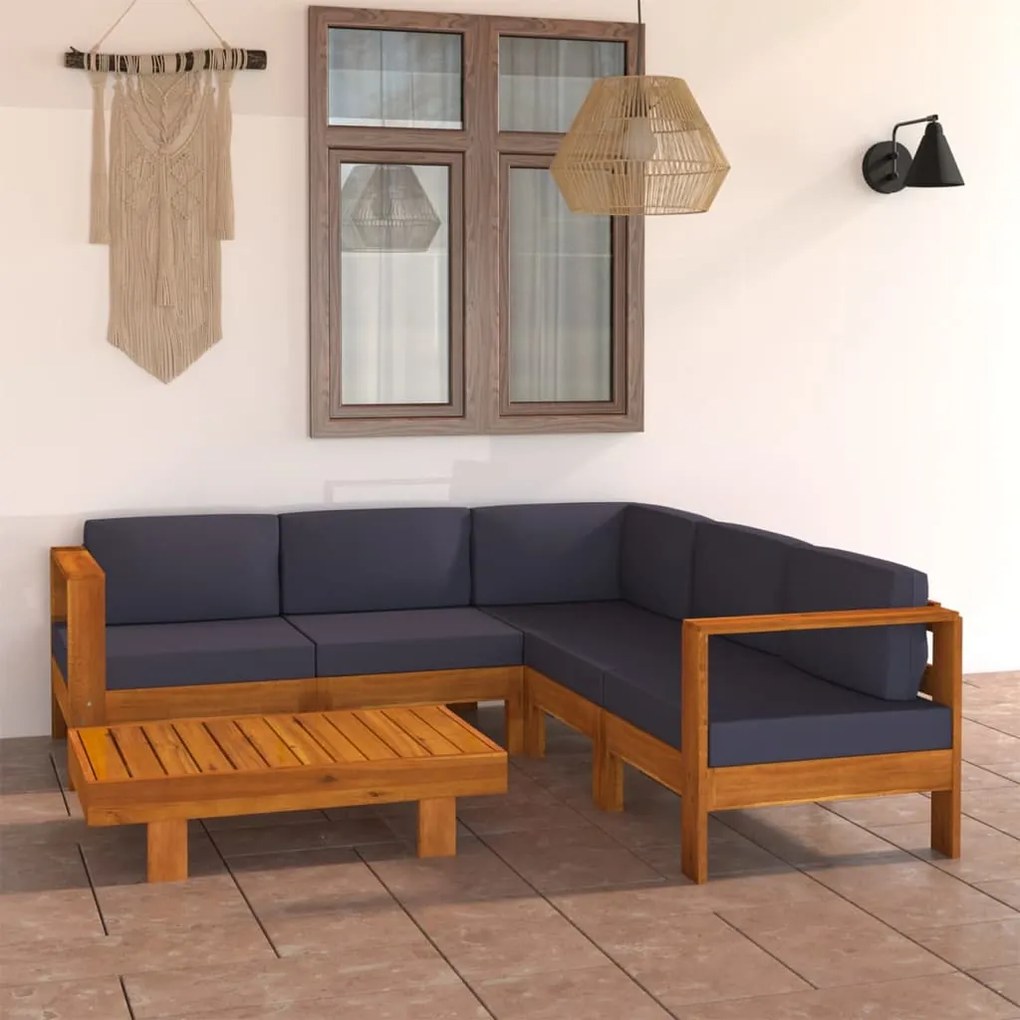 vidaXL 6 pcs conj. lounge de jardim c/ almofadões cinza-escuro acácia