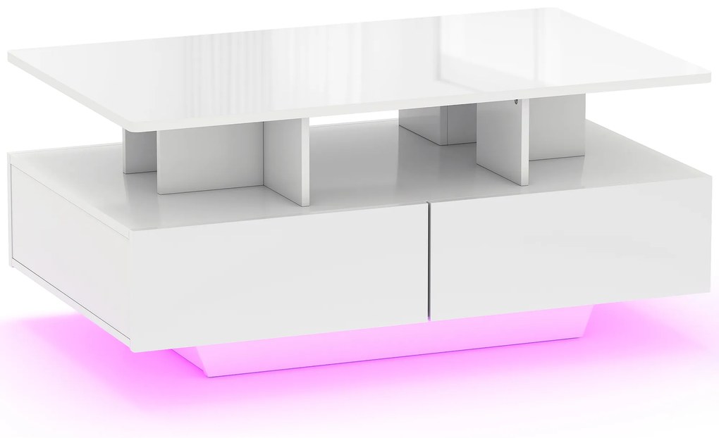 HOMCOM Mesa de Centro Moderna com LED 4 Gavetas Prateleira Aberta e Luzes LED de 16 Cores 90x55x41 cm Branco Brilhante