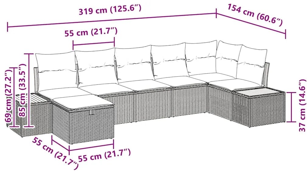 Conjunto de Sofá de Jardim 7 Peças com Almofadas Pretas, Rattan e Poli