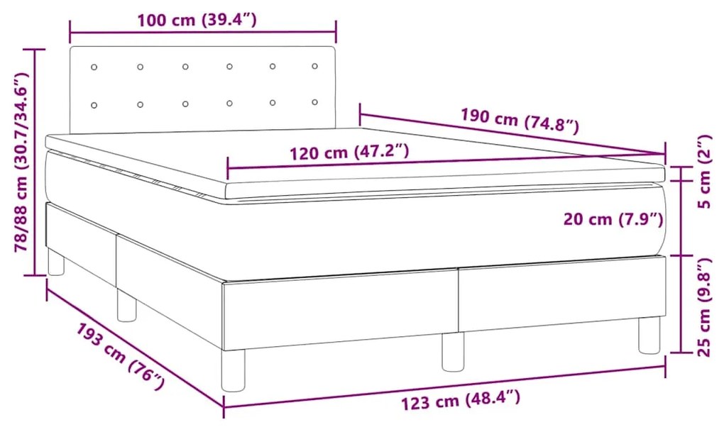 Cama box spring c/ colchão/LED 120x190cm couro artificial cinza