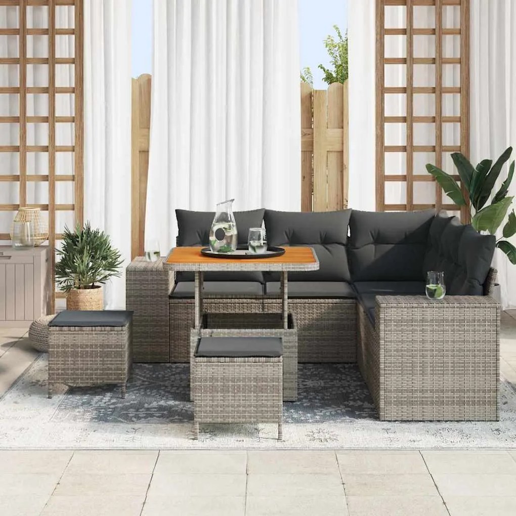 Conjunto de Sofá de Jardim 8 Peças com Almofadas em Cinza, Rattan Sint