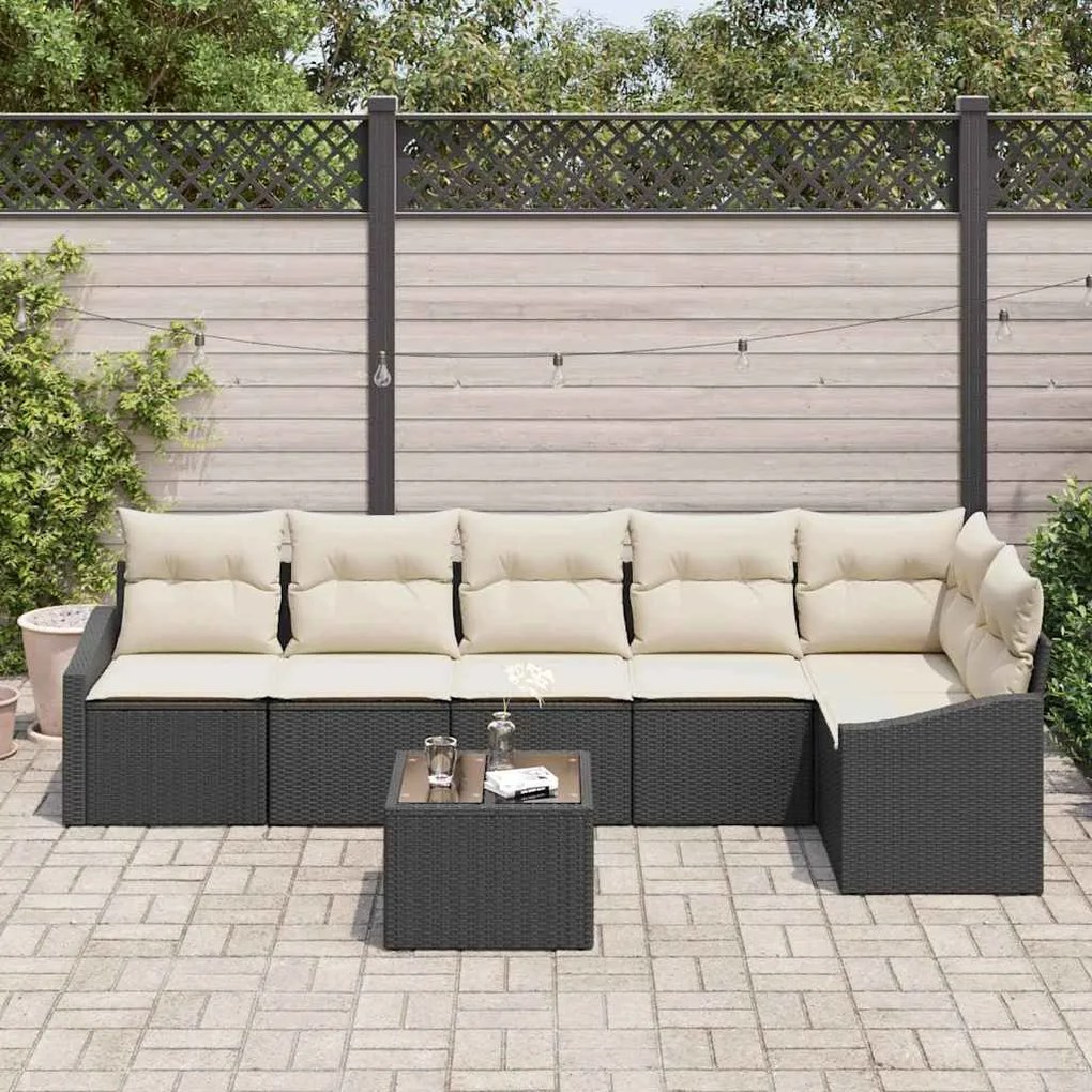 Conjunto de Jantar de Jardim de 7 Peças com Almofadas Pretas em Rattan