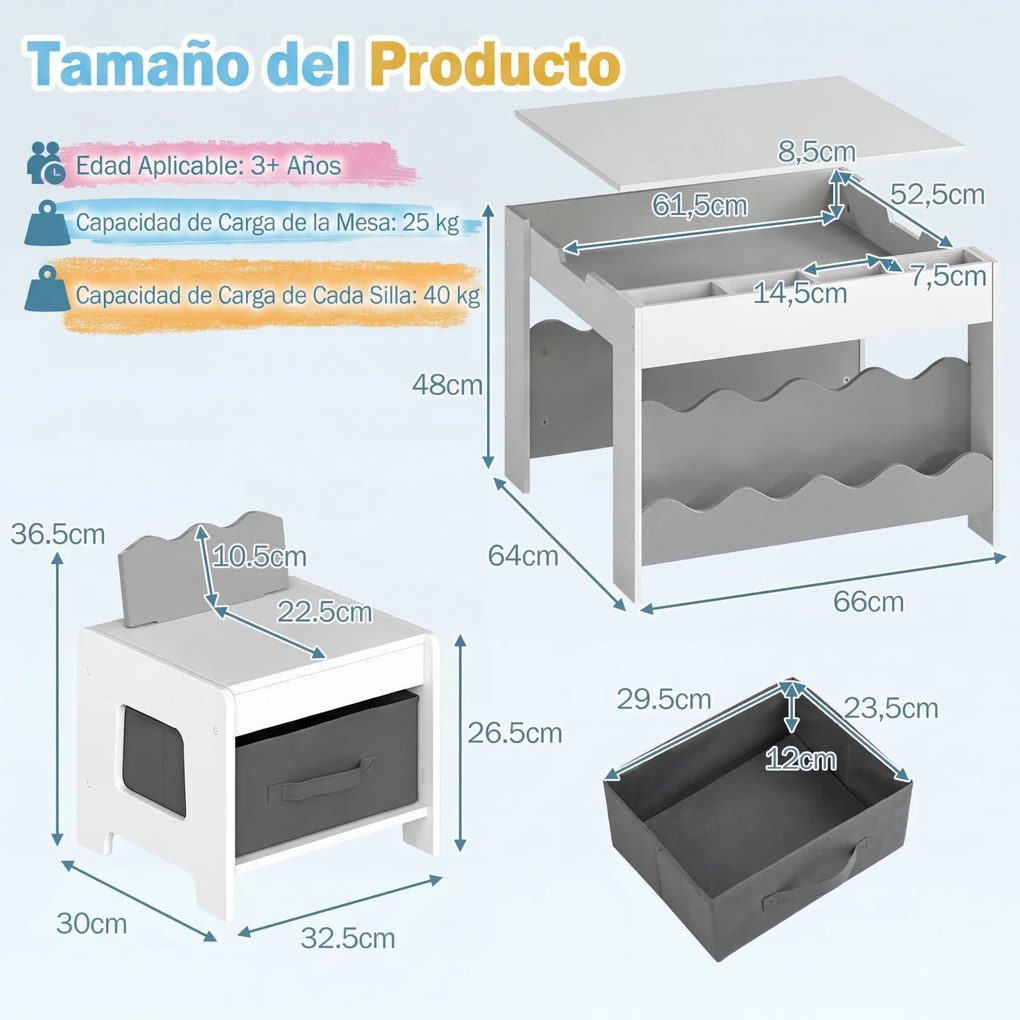 Conjunto de Mesa Infantil e 2 Cadeiras, 66 x 64 x 48 cm, Tampo Reversível, Cinzento