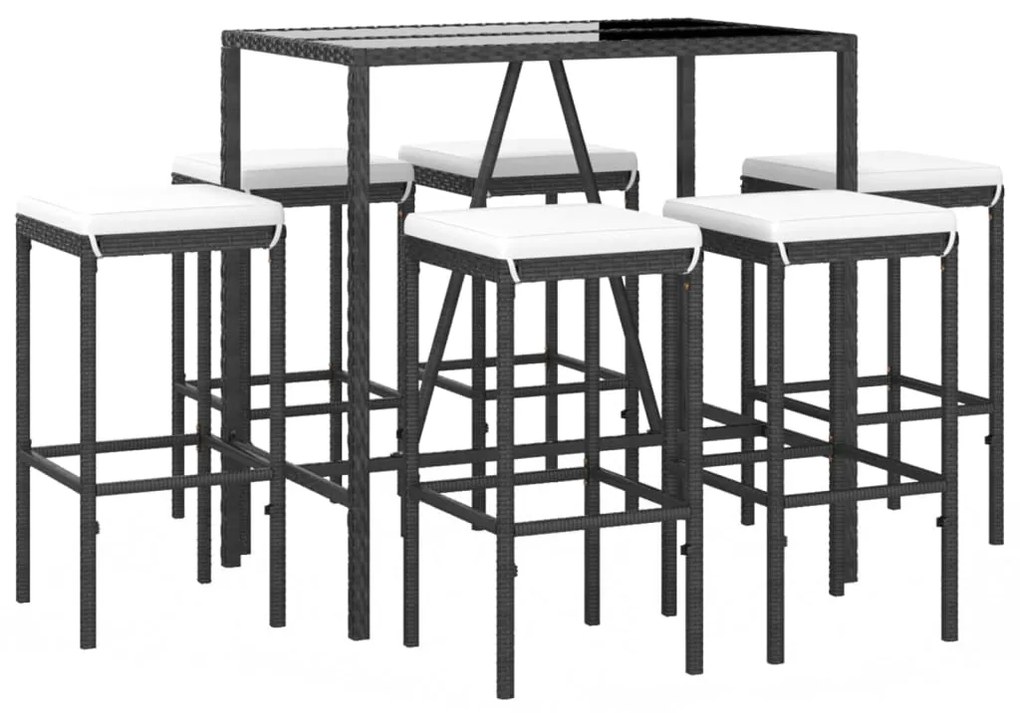 7 pcs conjunto de bar para jardim c/ almofadões vime PE preto
