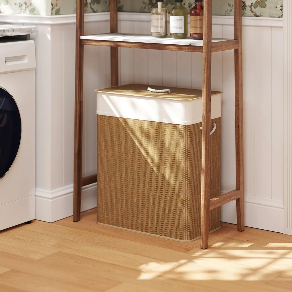 Cesto de Roupa com Tampa 100L de Bambu com 2 Compartimentos Bolsa Interior Amóvivel 52x32x63 cm Castanho e Creme