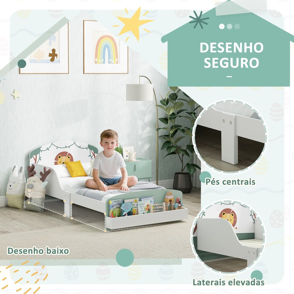 Cama Infantil para Crianças +3 Anos 70x140 cm em Madeira (Colchão não incluído) com Armazenamento e Desenho de Leão para Quarto Verde