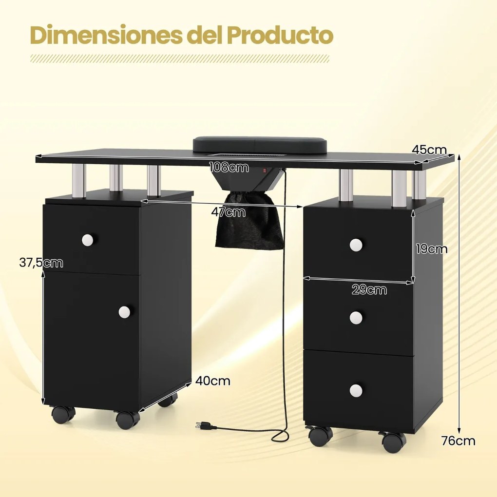Mesa de Manicura, 108 x 45 x 76 cm, Coletor de Pó Elétrico, Preto