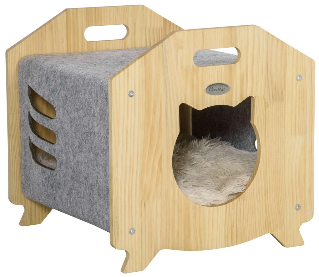 PawHut Casa para Gatos de Madeira e Feltro Casa com Almofada Suave lavável Orifício de Entrada 40x39x40cm Madeira e Cinza