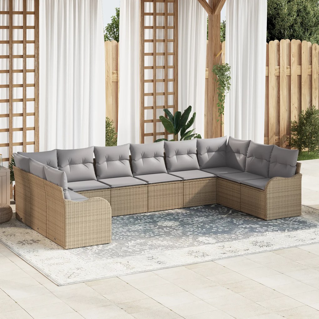 Conjunto de Sofá de Jardim vidaXL com 10 Peças e Almofadas Bege Rattan