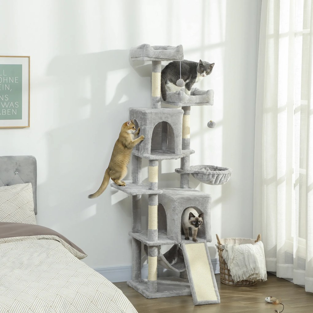 Arranhador para gatos com torre de brincadeiras: 3 plataformas, 2 compartimentos abertos, 2 camas, 2 redes e 1 escada; altura: 177 cm; cinzento claro