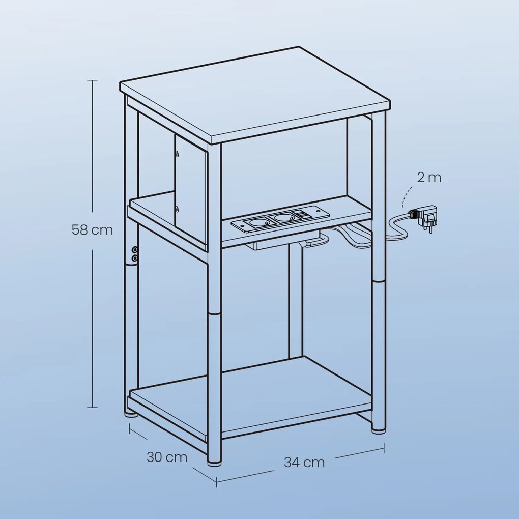 Mesa de apoio, mesa de cabeceira (CESTO NÃO INCLUIDO) com com 2 tomadas e 2 portas USB 30 x 34 x 58 cm castanho rústico e preto