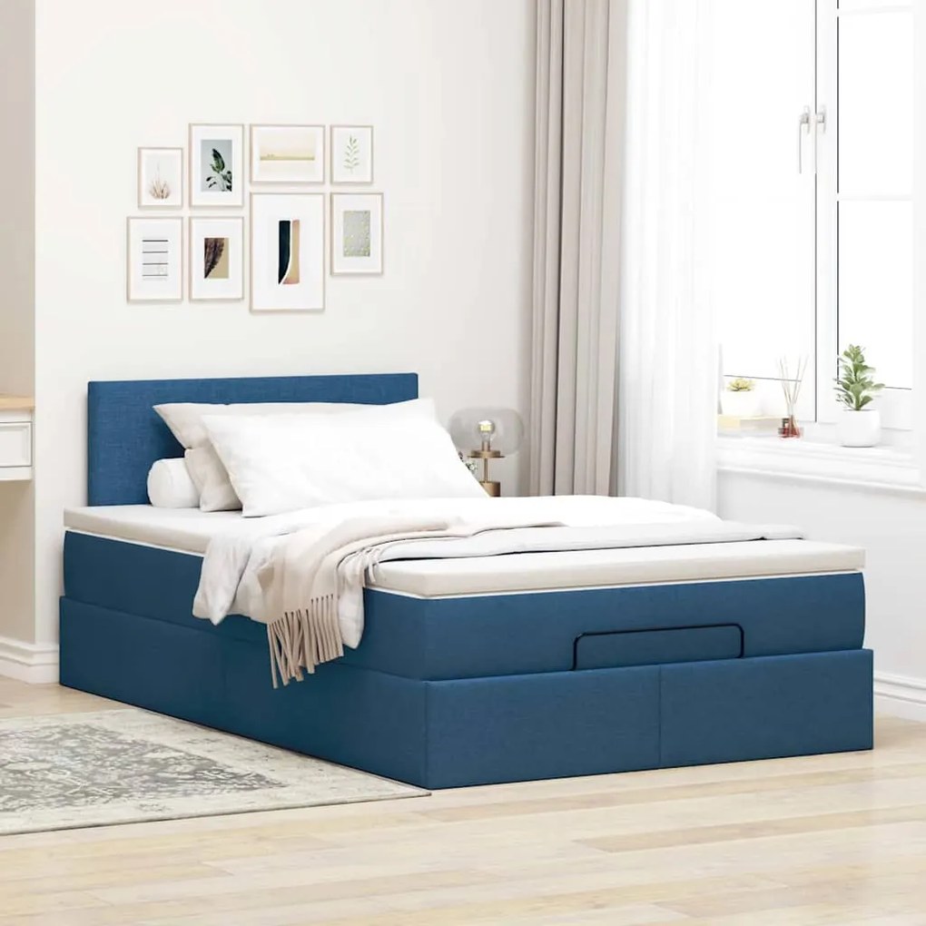 Cama Otomana com Colchão & LEDs Tecido Azul 120x200 cm