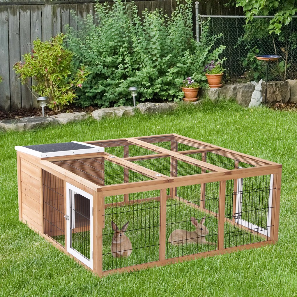 Coelheira de Exterior Gaiola para Coelhos Porquinho da India Animais Pequenos com 2 Portas Superiores e Teto Asfáltico Dobrável 123x120x52cm Madeira Natural