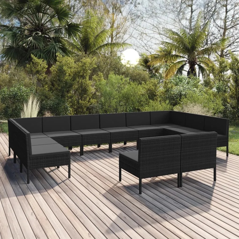 vidaXL 12 pcs conjunto lounge de jardim c/ almofadões vime PE preto