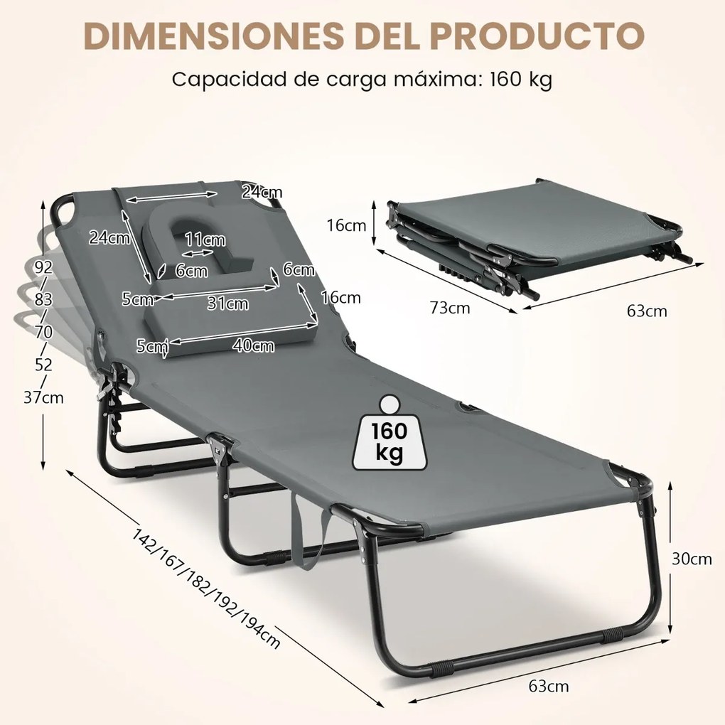 Espreguiçadeira dobrável com 3 almofadas amovíveis e encosto ajustável em 5 posições para terraço de piscina Cinzento