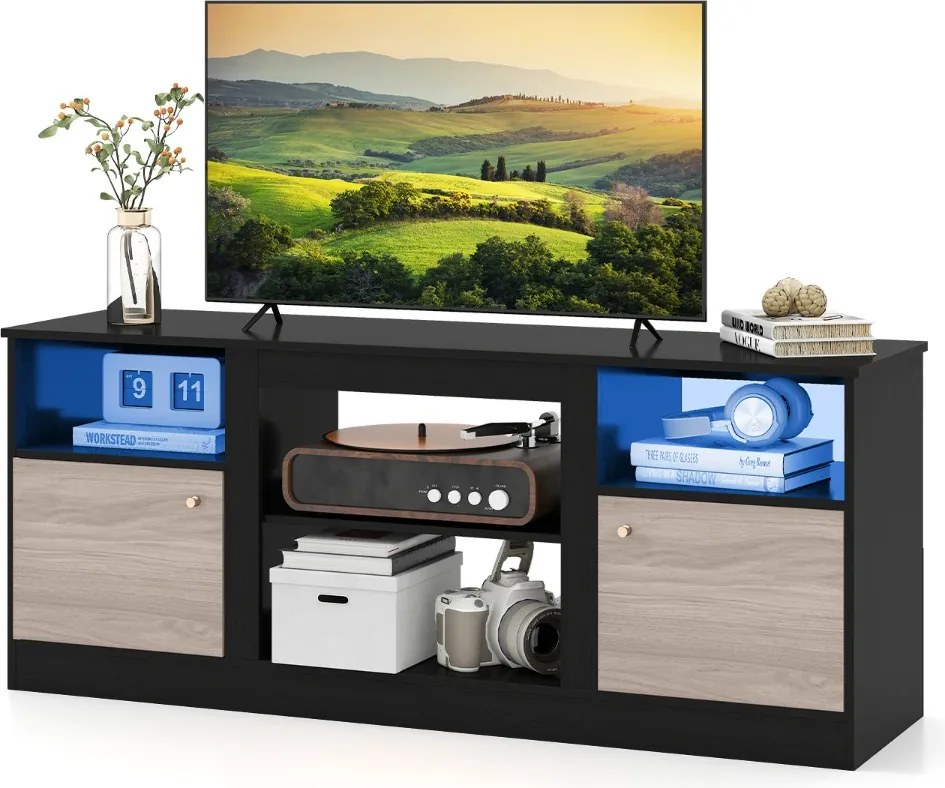 Móvel para TV com luzes LED 147 x 40 x 60 cm para televisores de 65" Centro de entretenimento com estante ajustável Preto