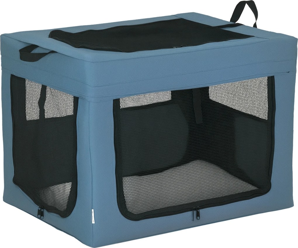 PawHut Caixa Transporte Portátil Dobrável 3 Portas Almofada Confortável Segurança Conforto 69x51x51cm Azul | Aosom Portugal