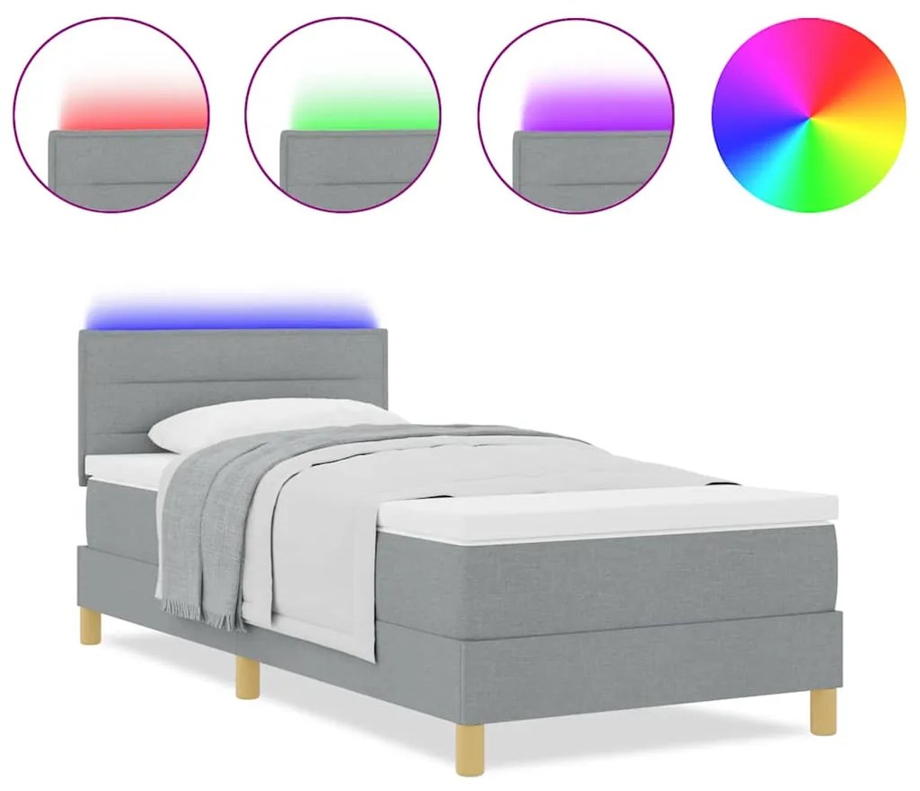 Cama Box Spring com Colchão &amp; LED Cinza claro 80x200 cm Tecido