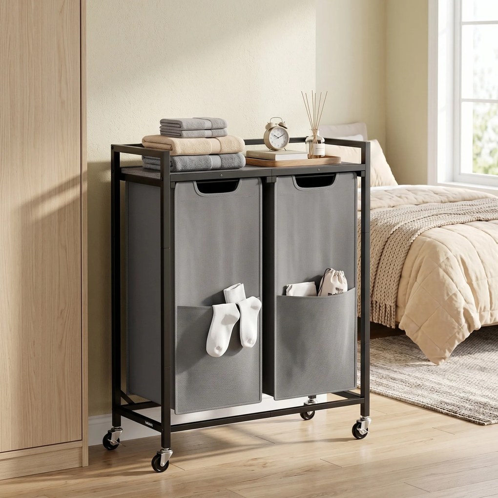Cesto da roupa suja com 2 compartimentos 63 x 32 x 93 cm, carrinho com prateleira e bolsos preto-cinzento