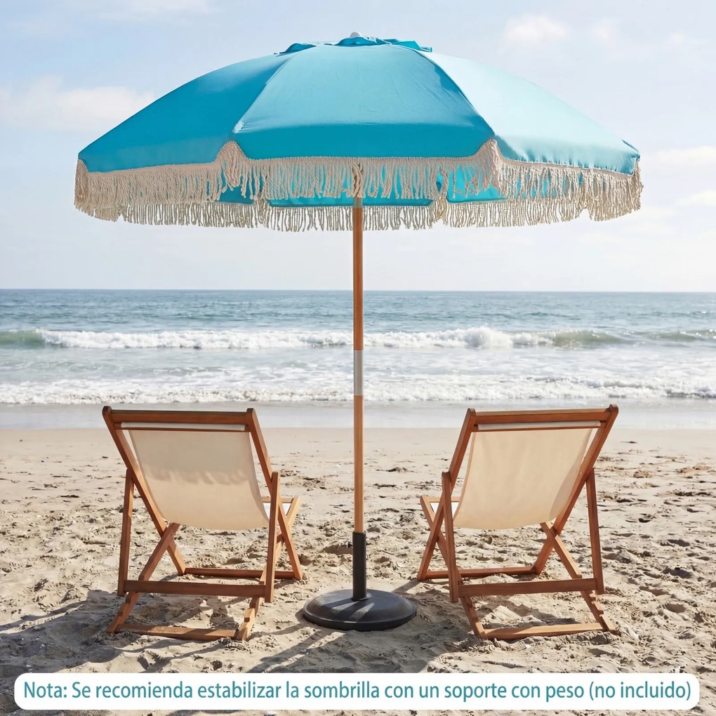 Guarda-sol de praia grande, 173 cm, mastro de madeira, 8 varas de fibra de vidro, inclinável, com borlas, para exterior e jardim, azul