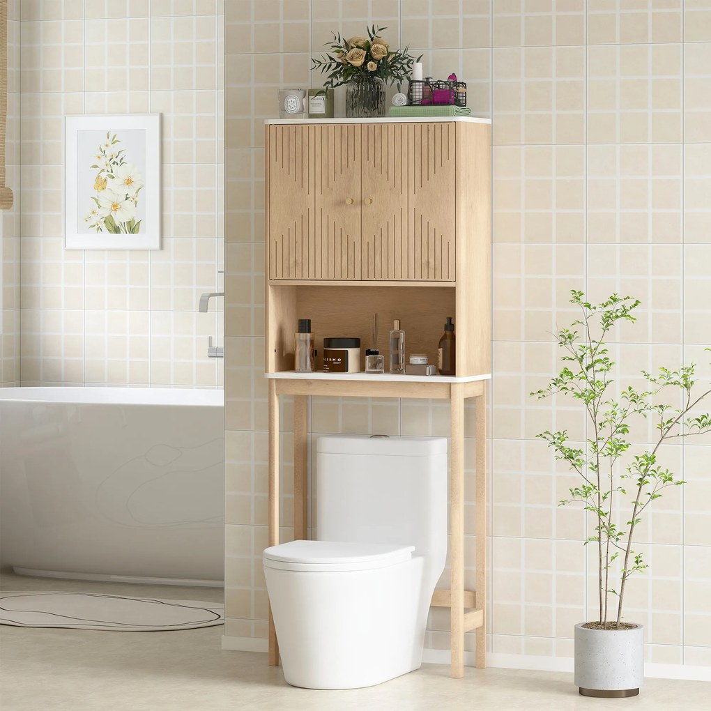 Móvel de casa de banho 66 x 25 x 168 cm, armário de casa de banho com porta dupla e prateleiras cor de carvalho