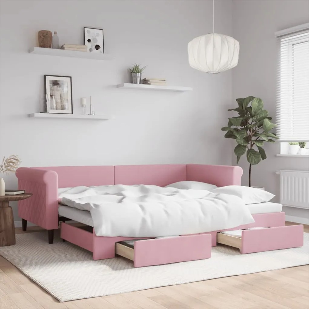 vidaXL Sofá-cama com gavetão e gavetas 90x200 cm veludo rosa