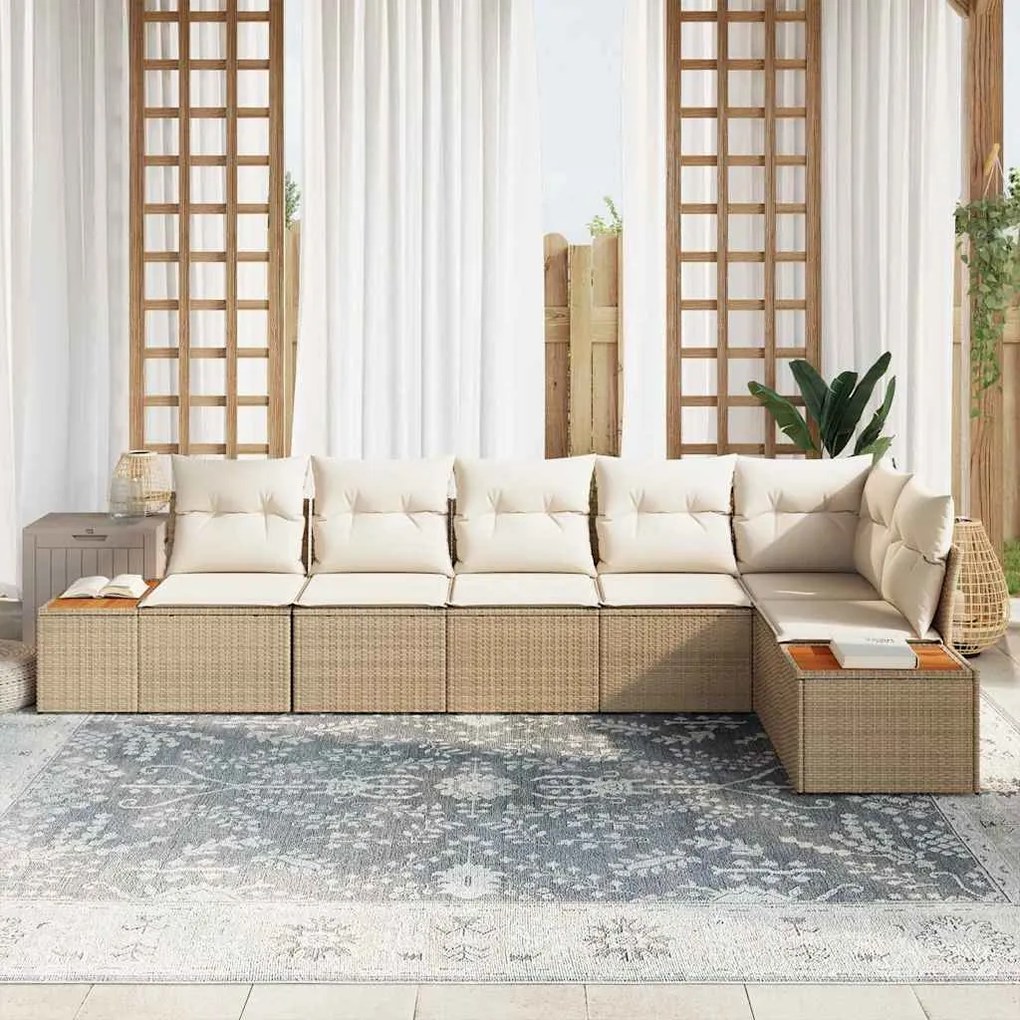 Conjunto de Sofá de Jardim de 6 Peças com Almofadas Bege Vime PE Acáci