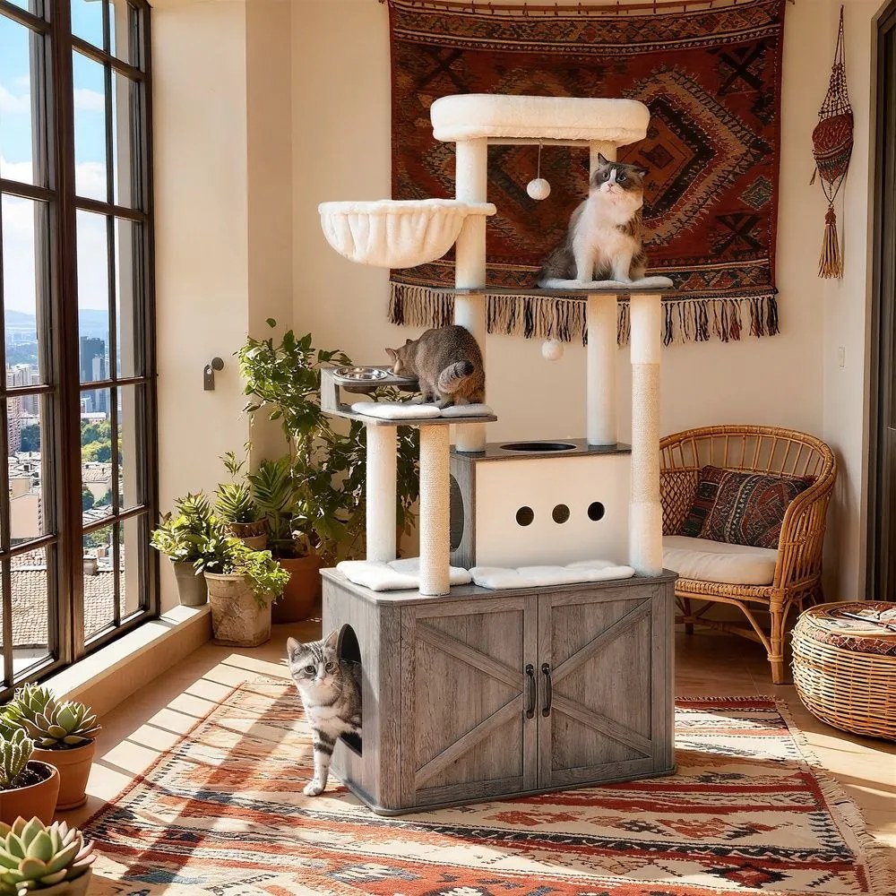 Arranhador de gatos 2 em 1 com cavidade para descansar 80 x 49 x 170 cm cinza-bege