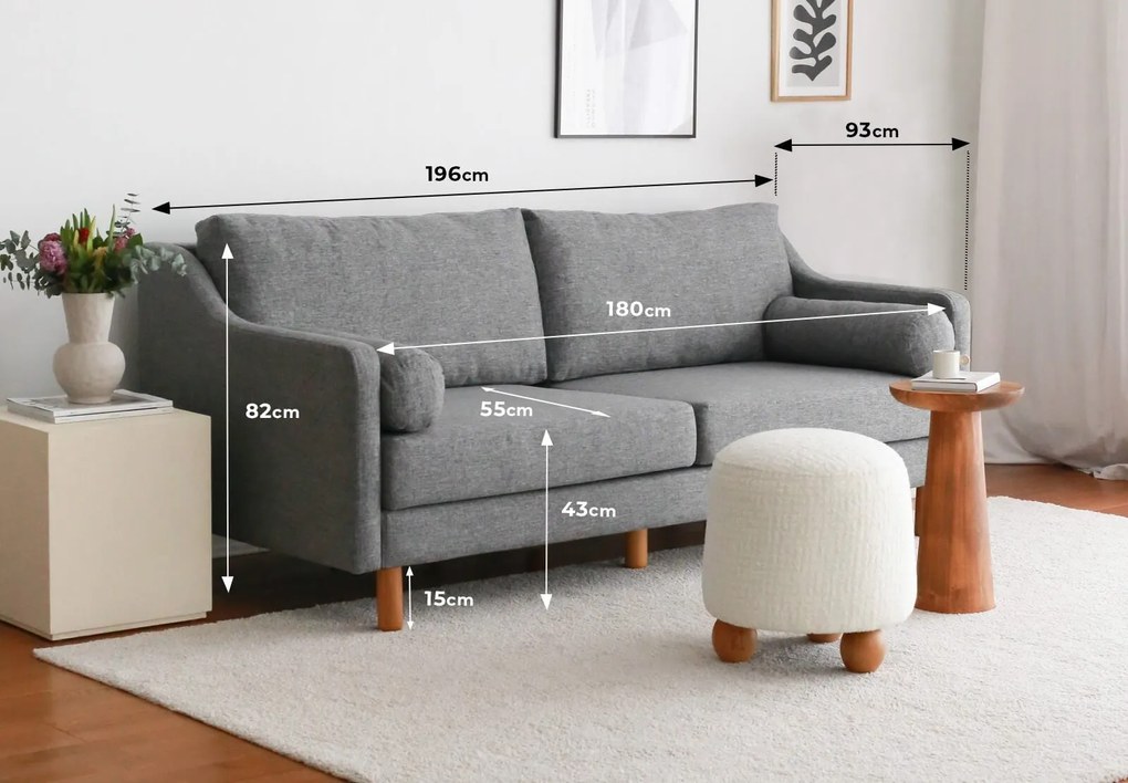 Sofá de Três Lugares Nordi – Cinza – 196x82x93 cm