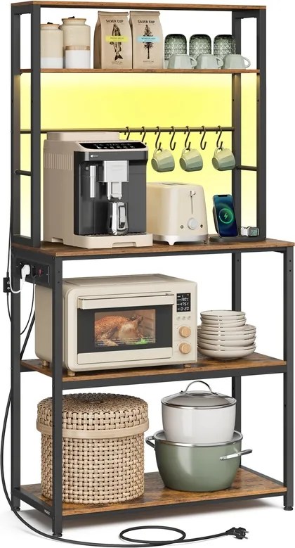 Armário de cozinha 40 x 80 x 168,4 cm com iluminação LED e tomadas, castanho vintage-preto