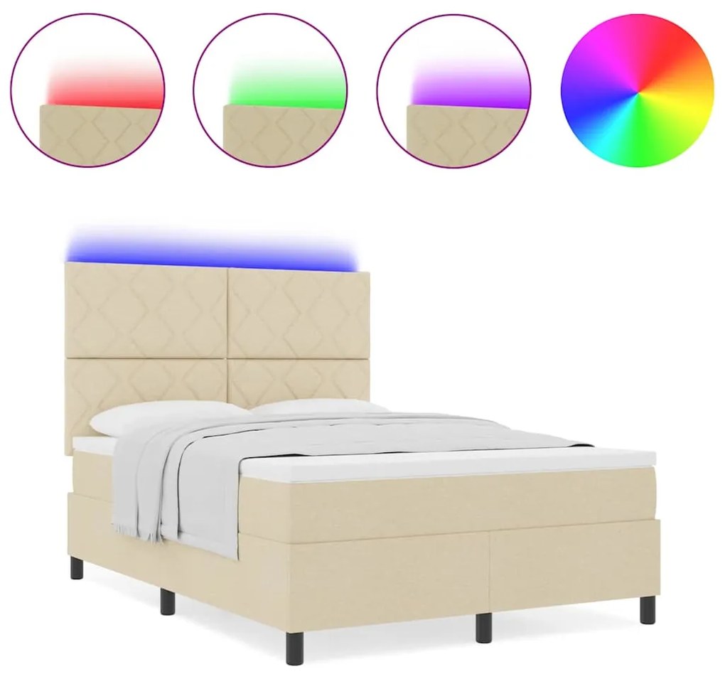 Cama Box com Colchão e LED , Creme, 140x190 cm, Tecido
