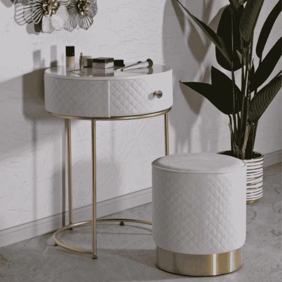 MESA DE CABECEIRA/TOCADOR COM PUFF Ø 52x70 - 36x39 CM CREME E DOURADO