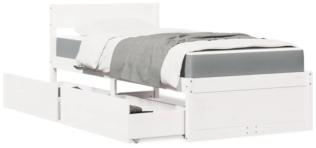 vidaXL Cama com gavetas e colchão 100x200 cm pinho maciço branco